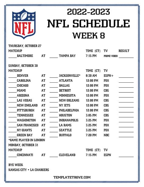 NFL Week 8 Printable Schedule Image 1