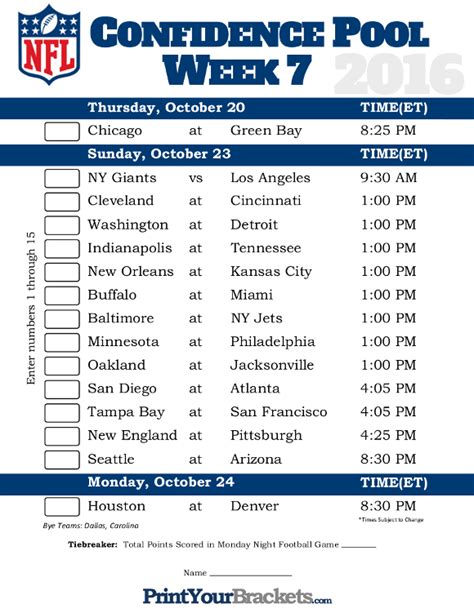 NFL Confidence Pool Pick Em Sheets