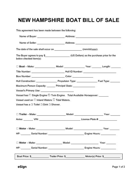 NH Boat Bill of Sale Template Example