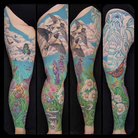 Nature-Inspired Leg Sleeve Tattoo