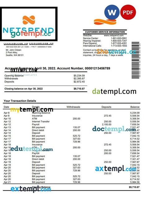 Netspend Bank Statement Template Example