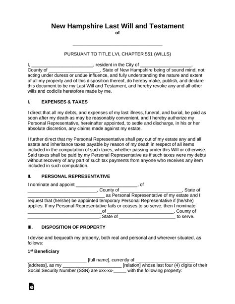 New Hampshire Last Will and Testament Template