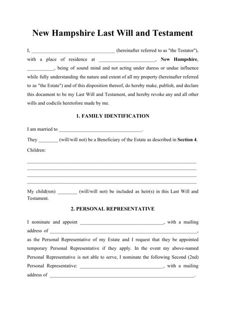 New Hampshire Last Will and Testament Template Download