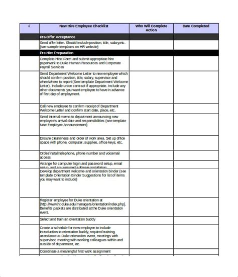 New Hire Checklist Excel Template