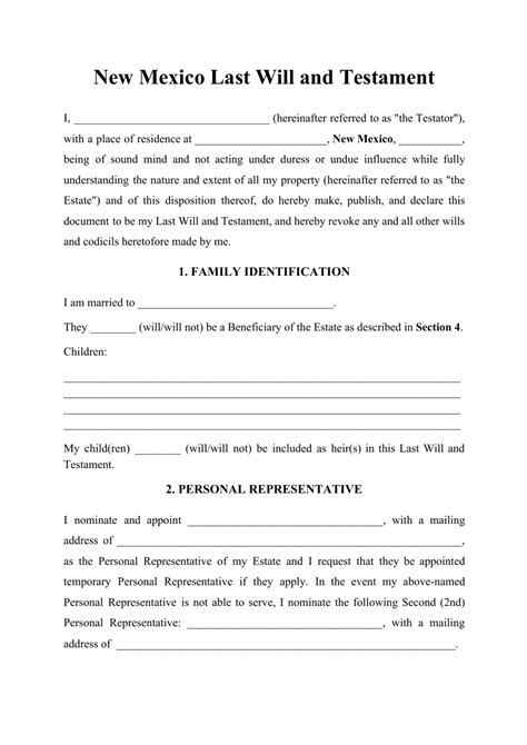 New Mexico Last Will and Testament Template Sample