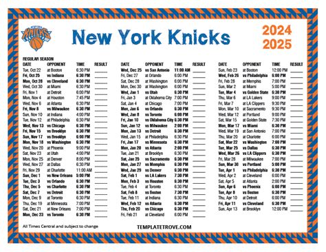 New York Knicks Printable Schedule Template