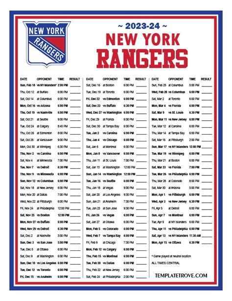 New York Rangers Printable Schedule 2023-24