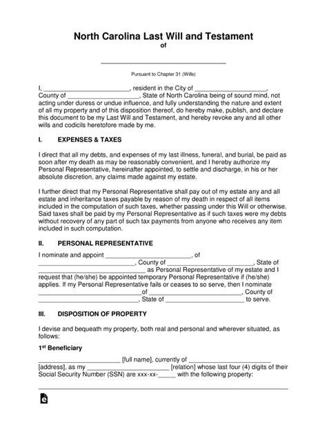 North Carolina Last Will Template Form