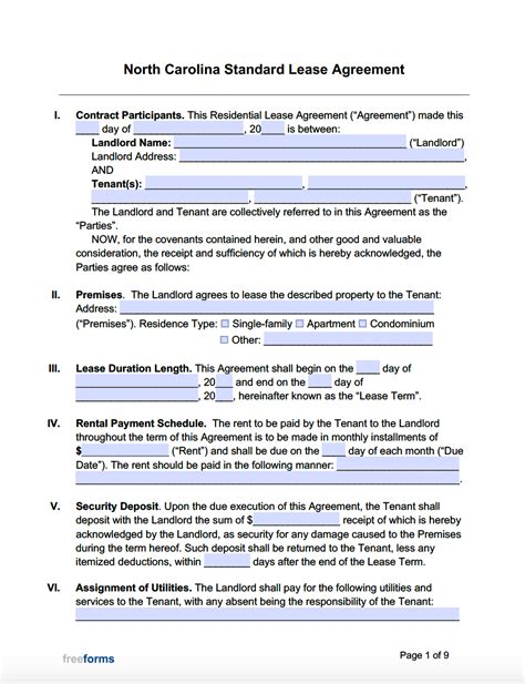 North Carolina Rental Agreement Template