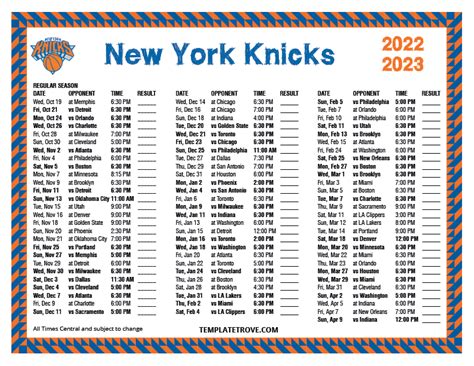 New York Knicks Schedule Printable