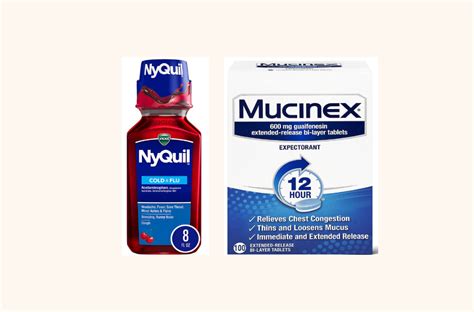 Nyquil and Mucinex bottles on a table