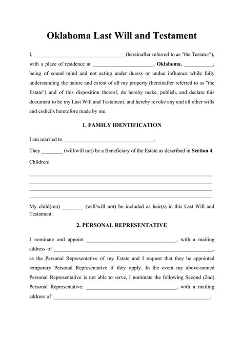 Oklahoma Last Will and Testament Template 2