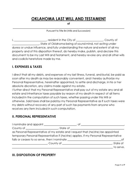 Oklahoma Last Will and Testament Template 3