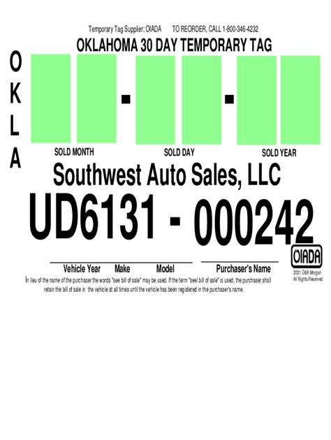 Oklahoma Temporary Tag Template Fillable Form