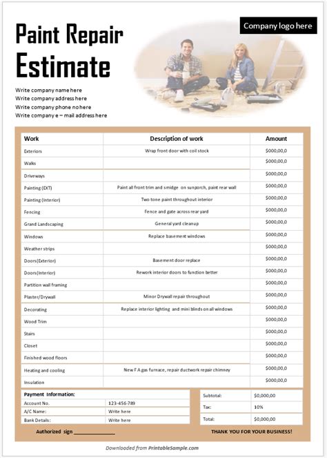 Paint Estimate Template Example