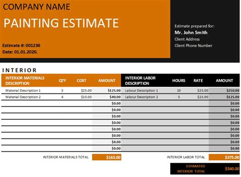 Paint Estimate Template Excel