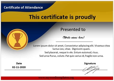 Perfect Attendance Certificate Template Word Example