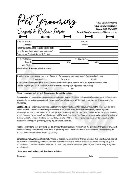 Pet Grooming Release Form Template