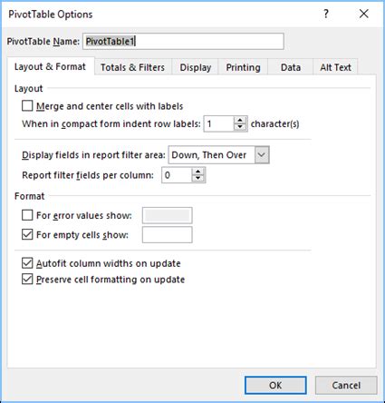 Pivot Table Options