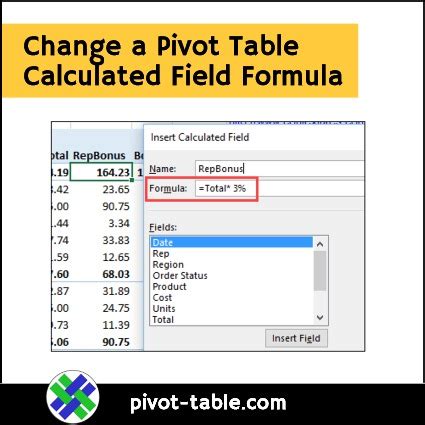 An example of a calculated field for percentage change in a Pivot Table.