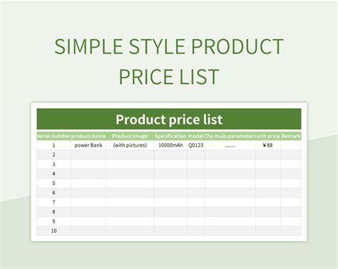 Price List Template Excel