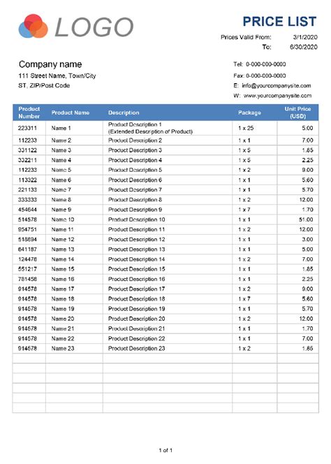 Excel Price List Template