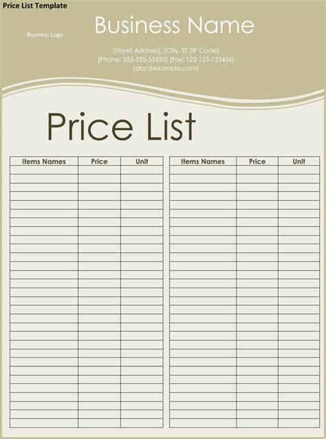 Price List Template Word