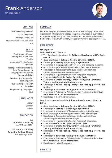 QA Engineer Resume Templates Example 2