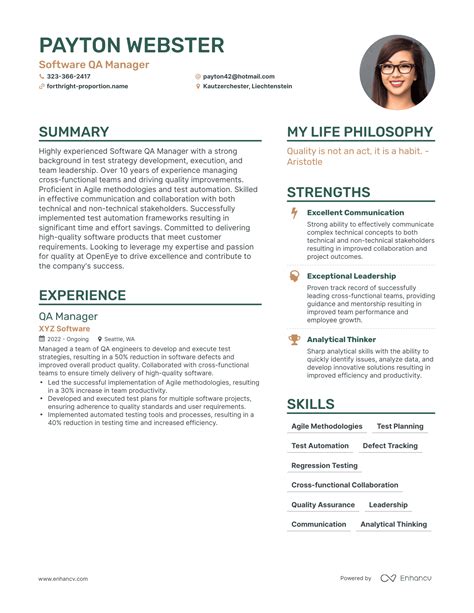 QA Manager Resume Sections