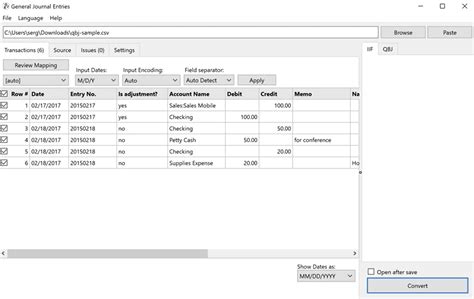 QuickBooks Online Journal Entry Import Template Example