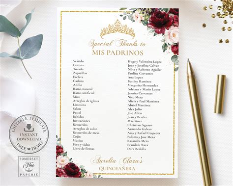 Quinceanera Padrino List Printable Template