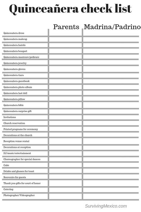 Quinceanera Padrino List Printable Template Example 1