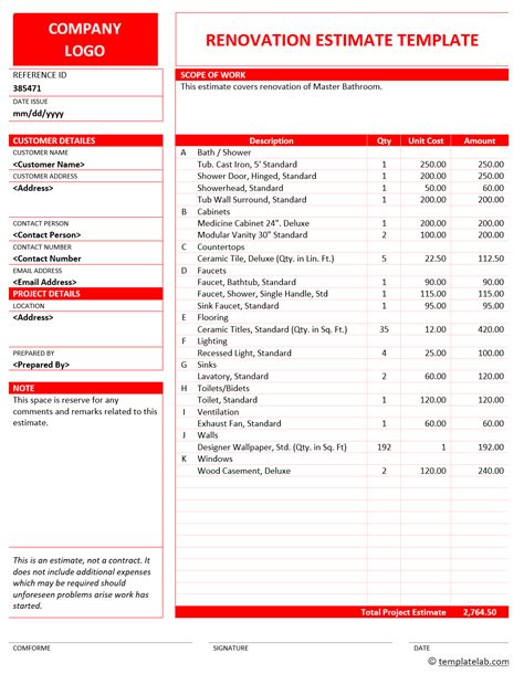 Renovation Cost Estimator Template