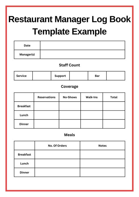 Restaurant Manager Log Book Template Excel