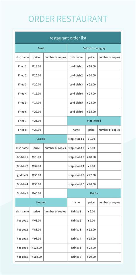 Restaurant Order Excel Template