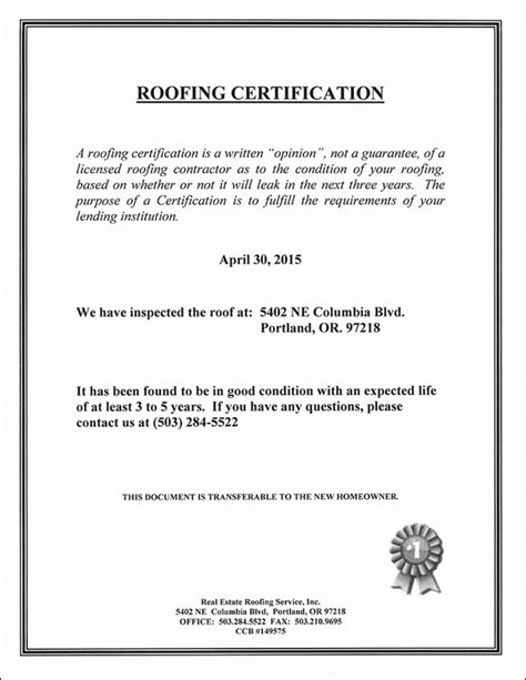 Roofing Certificate of Completion Template Example 2