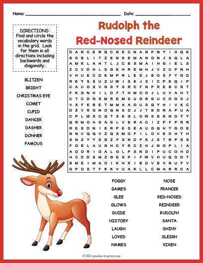 Rudolph Red Nosed Reindeer Word Search for Kids