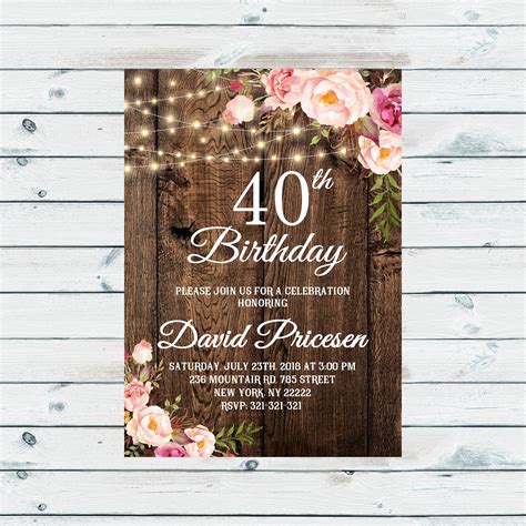 Image of a rustic chic 40th birthday invitation template