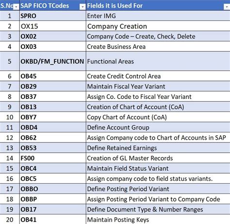 SAP FI T-codes