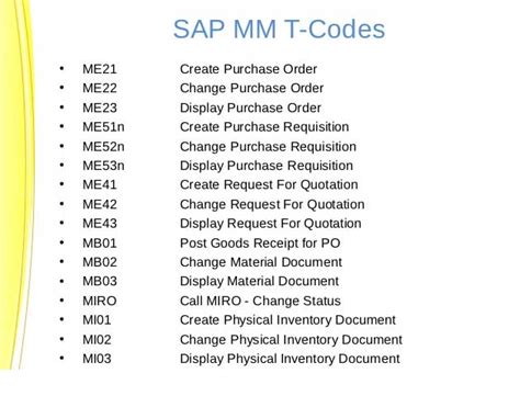 SAP MM T-codes