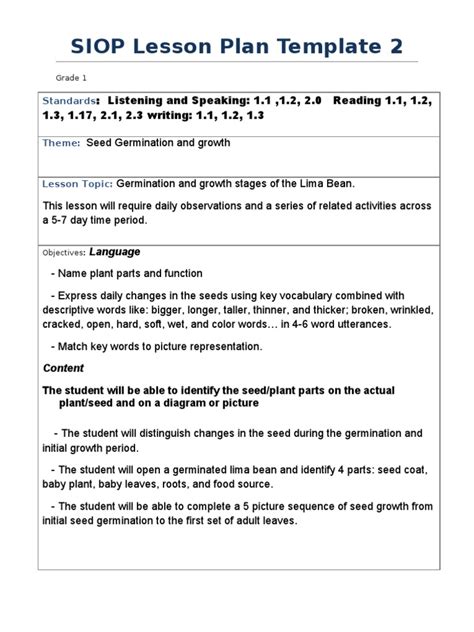 SIOP Lesson Plan Template Example 2