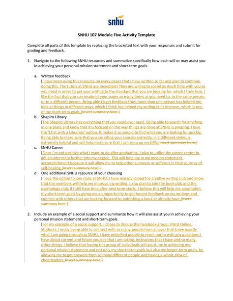 SNHU 107 Module Five Activity Template Guide Example 5