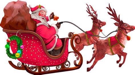 A whimsical illustration of Santa's sleigh, complete with reindeer and snowflakes