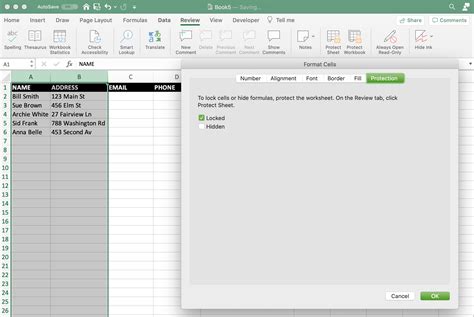 Select cells to lock in Excel on Mac