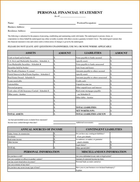 Self Employment Financial Statement Template