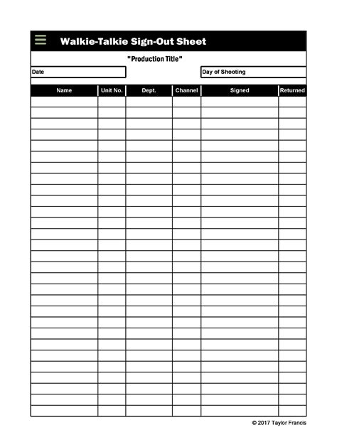 Sign Out Sheet Template for Hospitality Staff