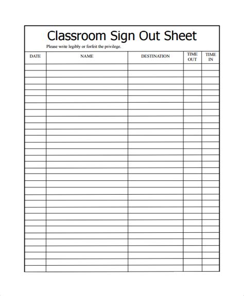 Sign Out Sheet Template for Students