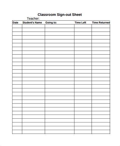 Sign Out Sheet Template for Teachers