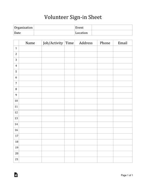 Sign Out Sheet Template for Volunteers