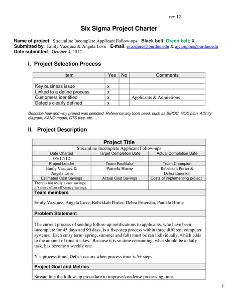 Six Sigma Project Charter Template Example